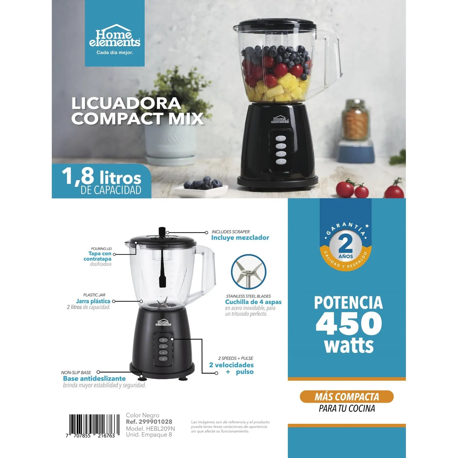 LICUADORA JARRA PLASTICA COMPACT MIX  450W HEBL209N