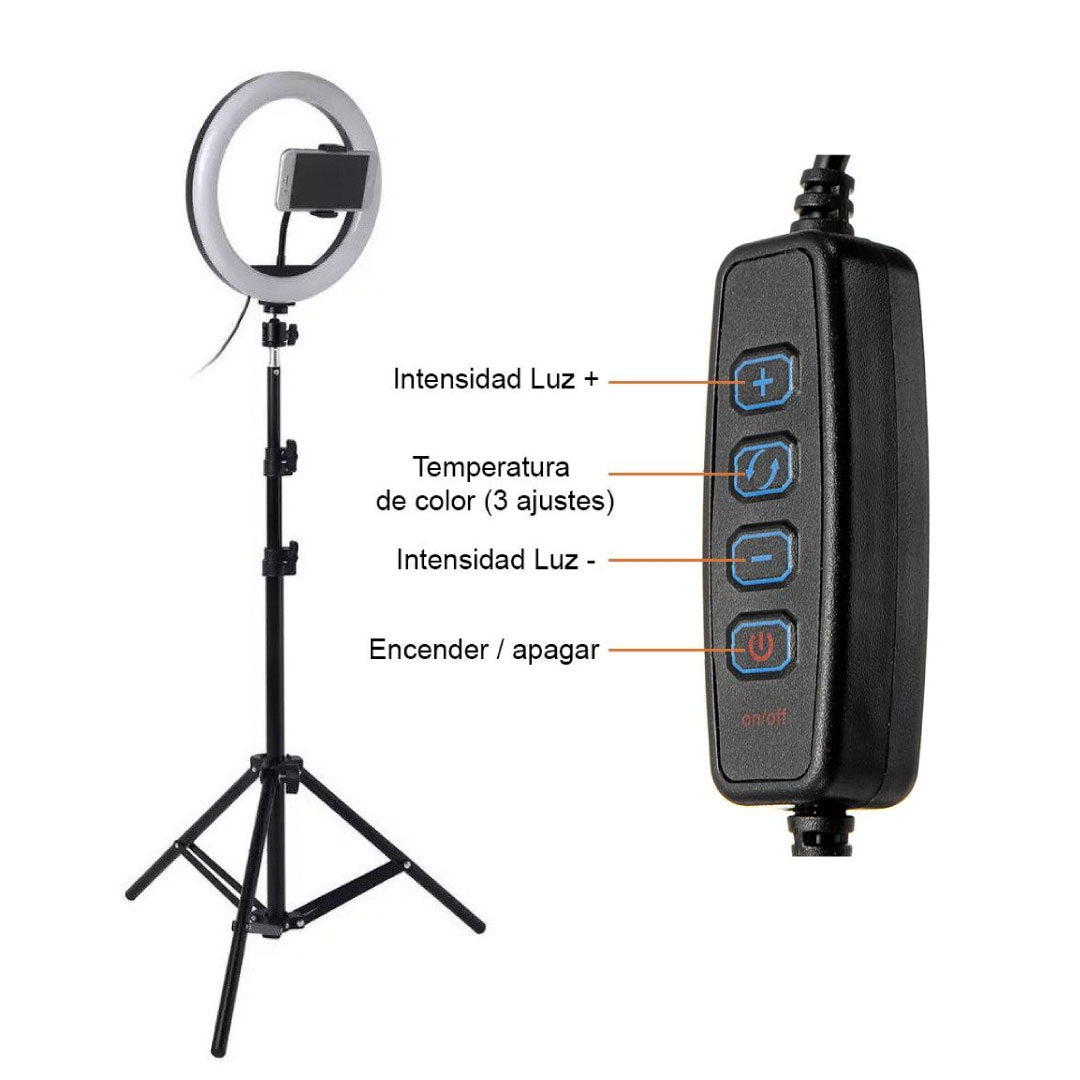 Aro de luz LED de 26 cm con trípode y soporte para celular